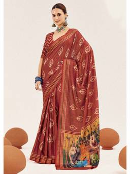 URBAN PALLU - Rust Ethnic Motifs Silk Cotton Fusion Ikat Saree