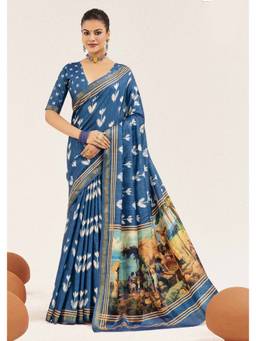 URBAN PALLU - Blue Abstract Printed Silk Cotton Ikat Saree