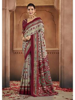URBAN PALLU - Grey Ethnic Motifs Silk Blend Fusion Patola Saree