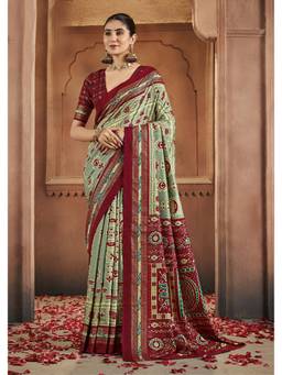 URBAN PALLU - Green Ethnic Motifs Silk Blend Fusion Patola Saree