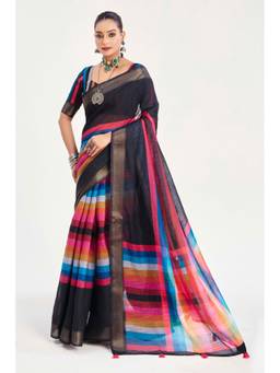 URBAN PALLU - Black Striped Silk Blend Fusion Saree