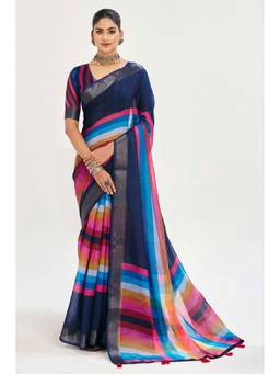 URBAN PALLU - Navy Blue Striped Silk Blend Fusion Saree