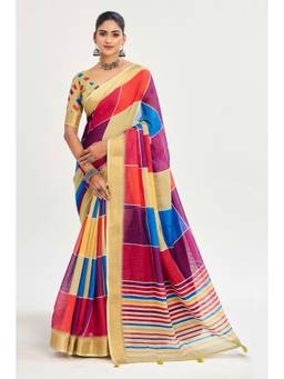 URBAN PALLU - Beige Checked Silk Blend Fusion Saree