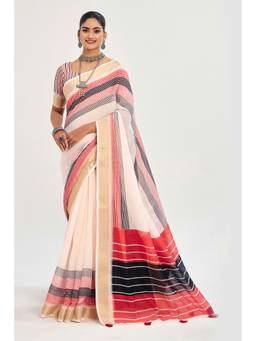 URBAN PALLU - Cream Striped Silk Blend Fusion Saree
