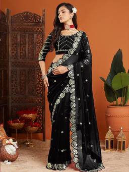 URBAN PALLU - Black Embellished Mirror Work Organza Heavy Work Mysore Silk Saree