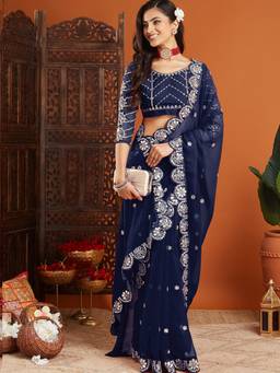 URBAN PALLU - Blue Embellished Mirror Work Organza Heavy Work Mysore Silk Saree