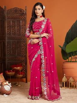 URBAN PALLU - Pink Embellished Mirror Work Organza Heavy Work Mysore Silk Saree