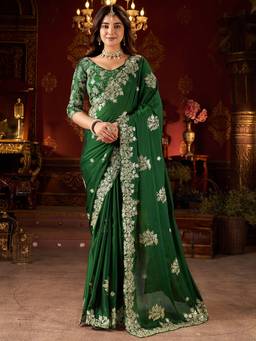 URBAN PALLU - Green Embellished Embroidered Silk Blend Heavy Work Saree