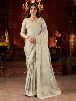 URBAN PALLU - Taupe Embellished Embroidered Silk Blend Heavy Work Saree