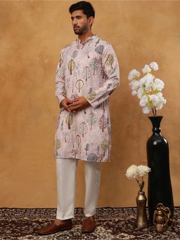Jompers - Peach Printed Cotton Blend Kurta Pyjama with Thread Work