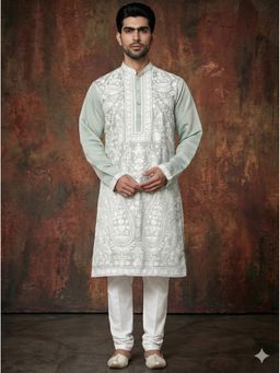 Jompers - Embroidered Silk Blend Green Kurta with Pyjama