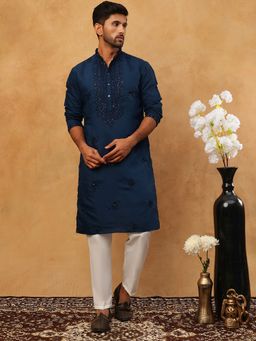 Jompers - Navy Blue Silk Blend Embroidered Kurta Pyjama Set