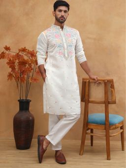 Jompers - White Silk Blend Embroidered Kurta Pyjama