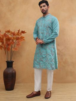 Jompers - Blue Embroidered Silk Blend Kurta Pyjama Set