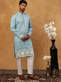 Jompers - Blue Traditional Silk Blend Embroidered Kurta Pyjama
