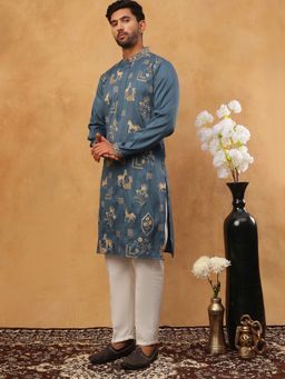 Jompers - Teal Silk Blend Kurta Pyjama with Embroidery