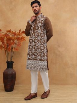 Jompers - Brown Ethnic Embroidered Kurta Pyjama Set