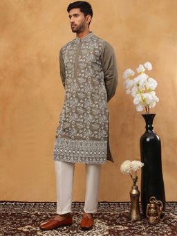Jompers - Olive Ethnic Embroidered Kurta Pyjama Set