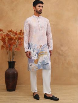 Jompers - Peach Printed Cotton Blend Kurta Pyjama with Thread Work