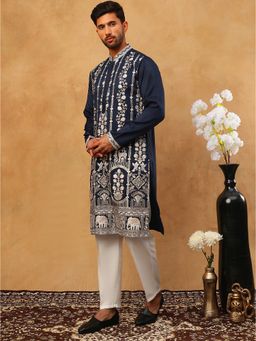 Jompers - Navy Blue Silk Blend Embroidered Kurta Pyjama