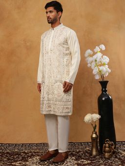 Jompers - White Silk Blend Embroidered Kurta Pyjama
