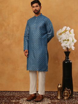 Jompers - Blue Festive Cotton Blend Printed Kurta Pyjama Set