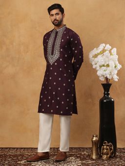 Jompers - Purple Ethnic Silk Blend Foil Print Kurta Pyjama Set