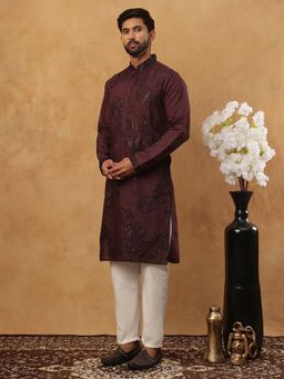 Jompers - Maroon Silk Blend Embroidered Kurta with Pyjama
