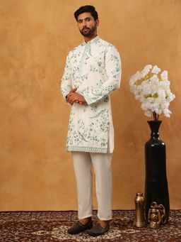 Jompers - White Silk Blend Embroidered Kurta with Pyjama