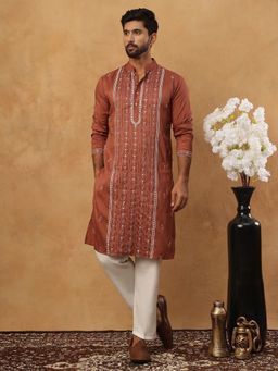 Jompers - Brown Luxury Silk Blend Thread Work Kurta Pyjama Set