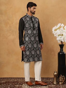 Jompers - Black Silk Blend Embroidered Kurta with Pyjama