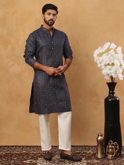 Jompers - Navy Blue Festive Cotton Blend Printed Kurta Pyjama Set