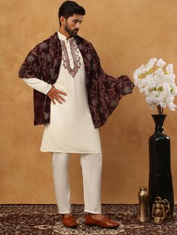 Jompers - Off White Traditional Silk Blend Kurta Pyjama and Dupatta Set