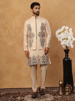 Jompers - Beige Silk Blend Embroidered Kurta Pyjama Waistcoat Set