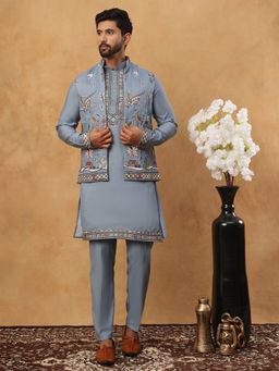 Jompers - Blue Silk Blend Embroidered Kurta Pyjama Waistcoat Set