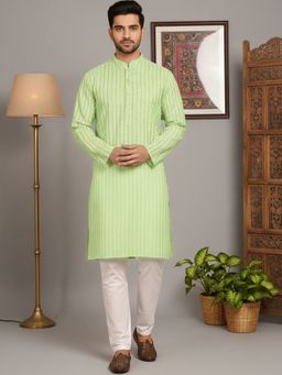 Jompers - Cotton Striped Green Kurta with Pyjama