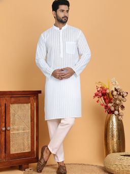 Jompers - Cotton Striped White Kurta with Pyjama