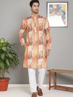 Jompers - Printed Pure Cotton Orange Kurta with Pyjama
