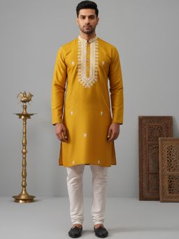 Jompers - Collar Embroidered and Sequin Mustard Kurta with Pyjama