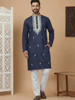 Jompers - Collar Embroidered and Sequin Navy Blue Kurta with Pyjama