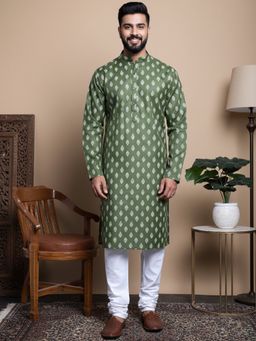 Jompers - Geometric Printed Olive Kurta with Pyjama