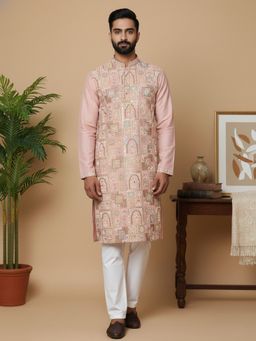 Jompers - Embroidered Straight Peach Kurta with Pyjama