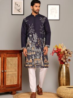 Jompers - Embroidered Straight Navy Blue Kurta with Pyjama