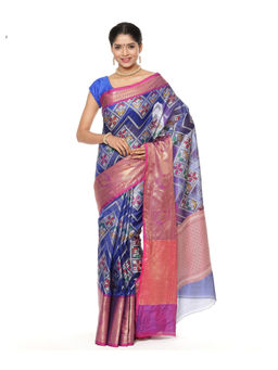 Banarasi Silk Works - Blue Katan Silk Meena Ikat Patola Pattu Border Saree with Unstitched Blouse