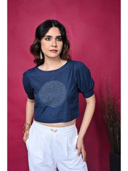EARTHWEAR - Blue Cotton Crop Top with Kantha Hand Embroidery All Over