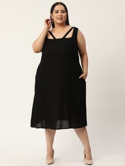 theRebelinme - Plus Size Women Black Solid Color A-Line Midi Dress