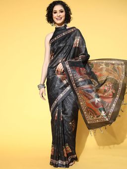 Odette - Manipuri Silk Black Printed Designer Saree with Unstitched Blouse