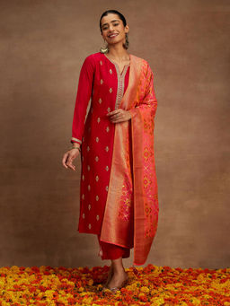 Libas - Women Pink Silk Blend Embroidered Kurta with Pant and Dupatta (Set of 3)