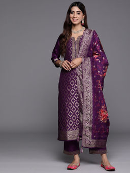 Libas - Women Purple Silk Blend Woven Kurta with Pant and Dupatta (Set of 3)