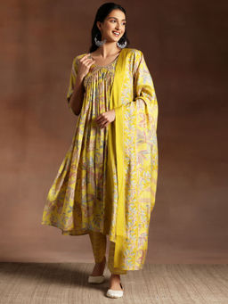 Libas - Womens Yellow Floral Kurta with Pant and Dupatta (Set of 3)